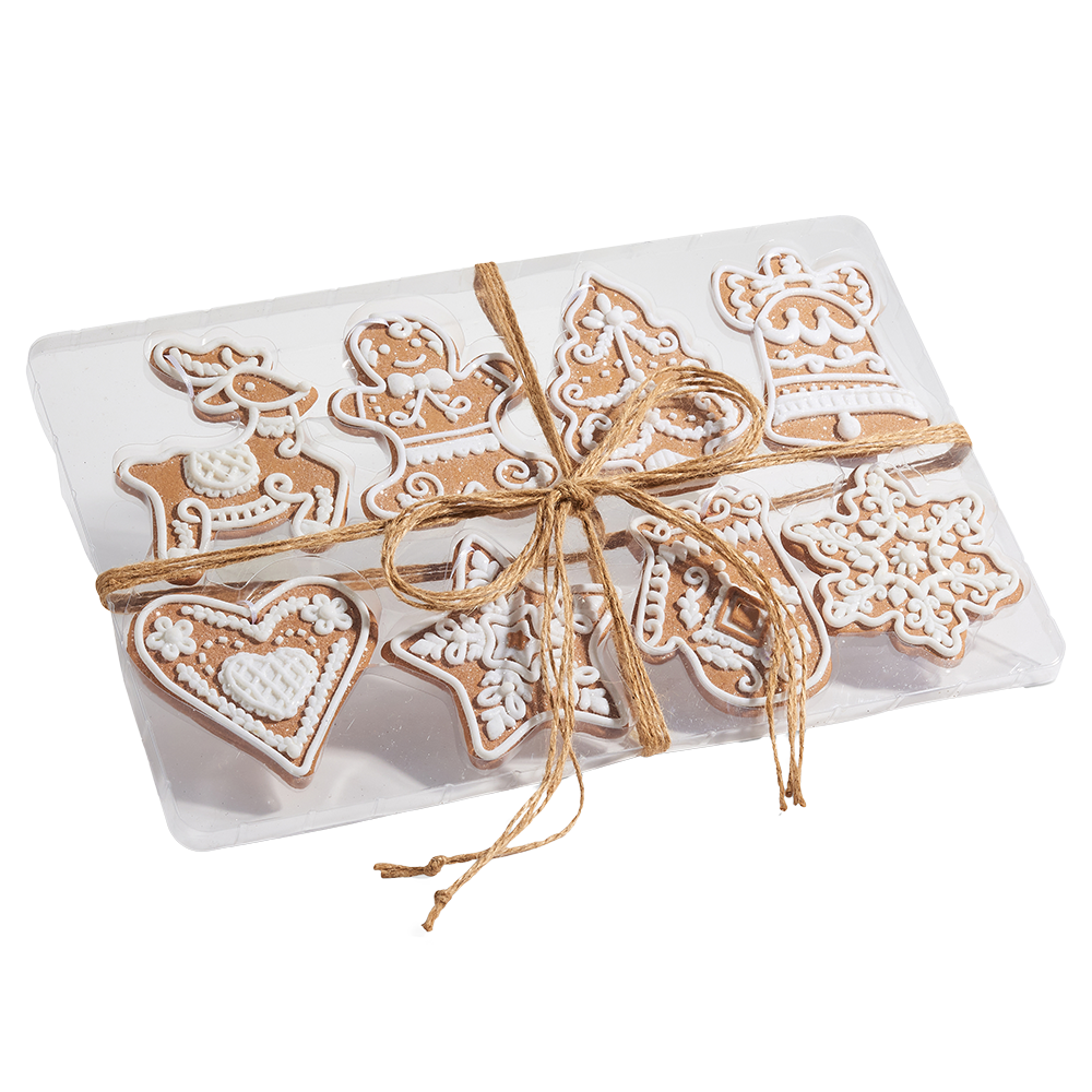 Viv! Christmas Kerstornament - Box met Gingerbread Figuren - set van 8 - bruin wit - 12cm