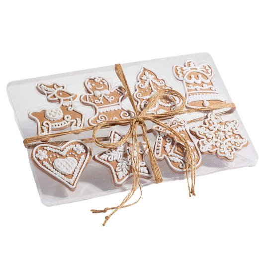 Viv! Christmas Kerstornament - Box met Gingerbread Figuren - set van 8 - bruin wit - 12cm