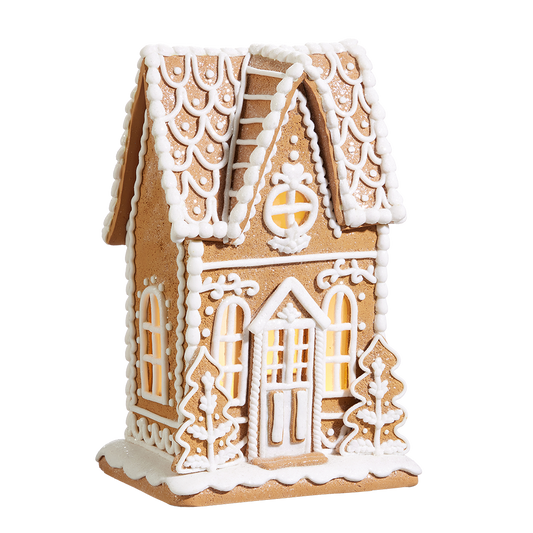Viv! Christmas Tabletop Figure - Small Gingerbread House of Clay with Icing Details incl. LED Lighting - brown white - 28cm