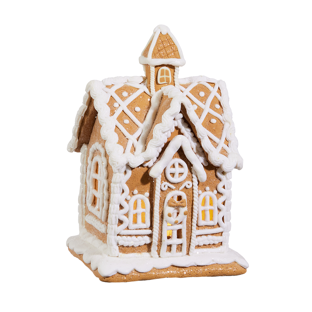 Viv! Christmas Kerstbeeld - Gingerbread Huisje van Klei met Icing Details incl. LED Verlichting - bruin wit - 20cm