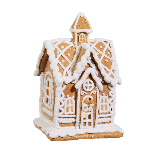 Viv! Christmas Kerstbeeld - Gingerbread Huisje van Klei met Icing Details incl. LED Verlichting - bruin wit - 20cm