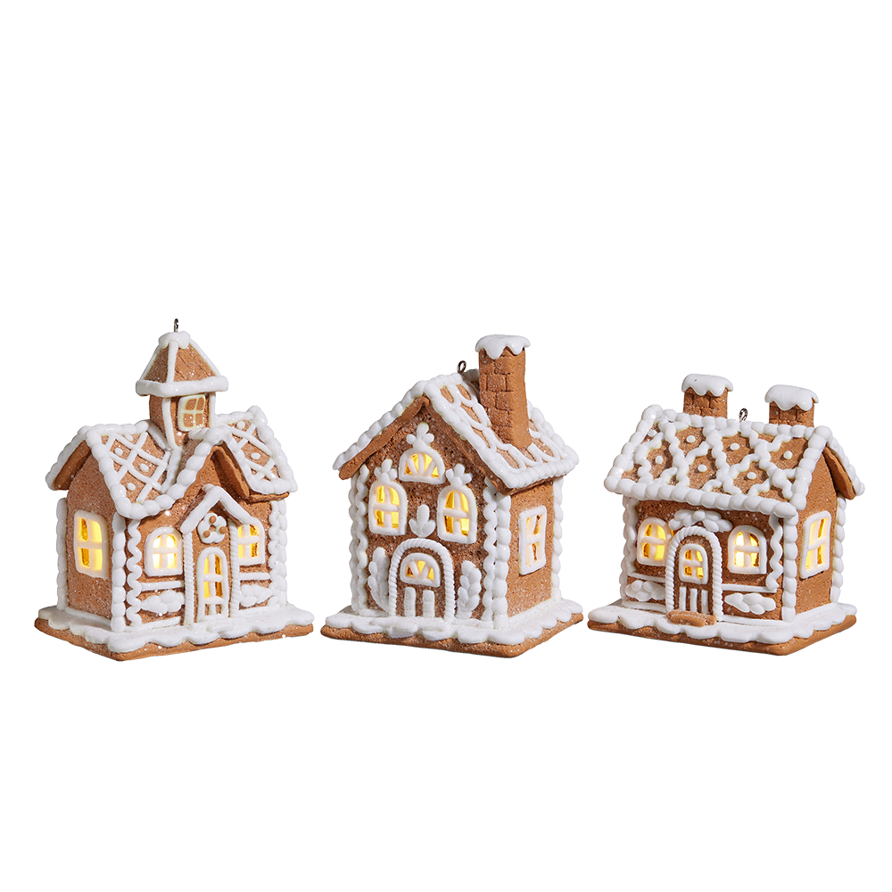 Viv! Christmas ornament - Gingerbread House incl. LED Lighting - set of 3 - brown white - 11cm