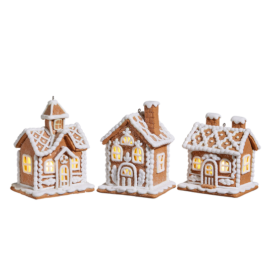 Viv! Christmas Kerstornament - Gingerbread Huis incl. LED Verlichting - set van 3 - bruin wit - 11cm