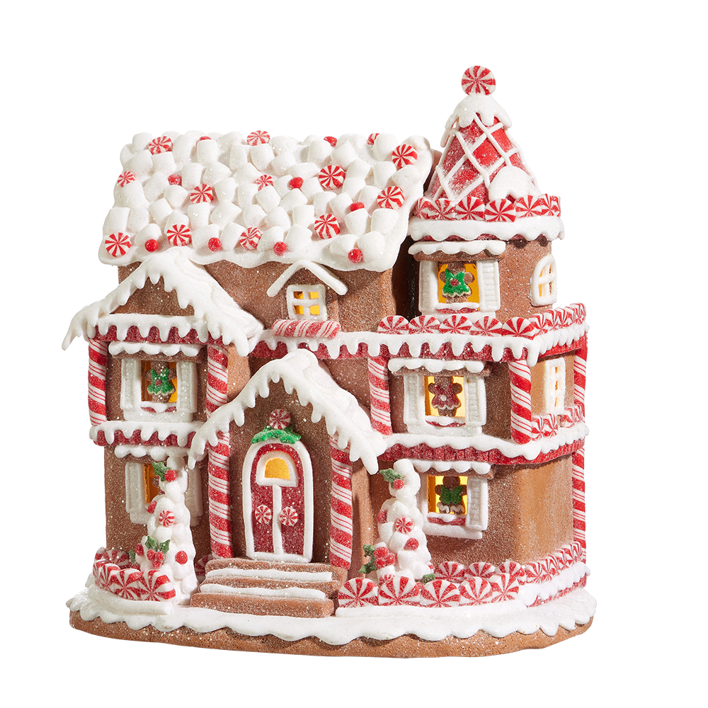 Viv! Christmas Kerstbeeld - Gingerbread Huis van Klei met Pepermunt Snoep incl. LED Verlichting - bruin rood - 28cm