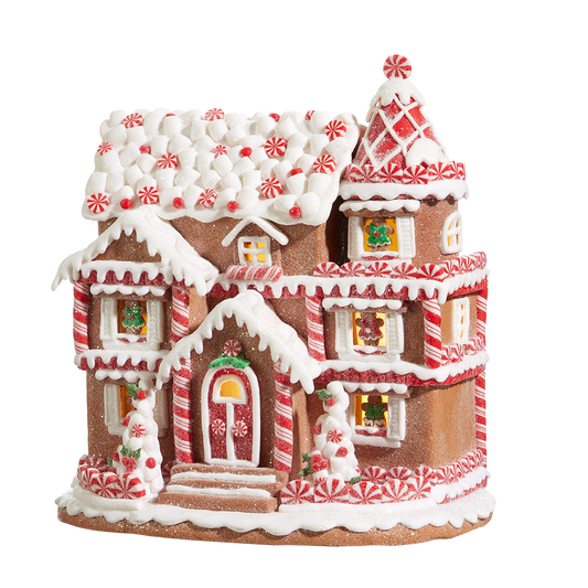Viv! Christmas Kerstbeeld - Gingerbread Huis van Klei met Pepermunt Snoep incl. LED Verlichting - bruin rood - 28cm