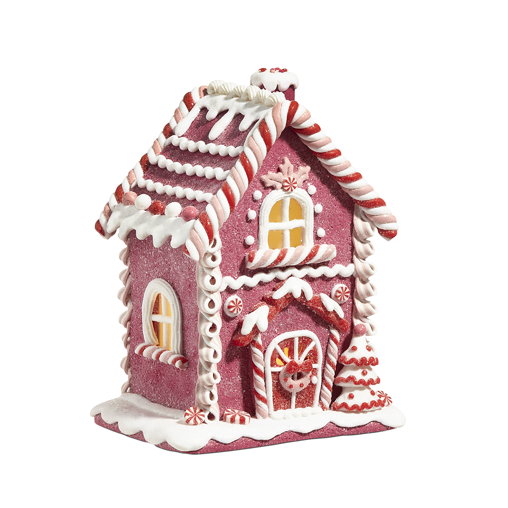 Viv! Christmas Kerstbeeld - Gingerbread Huis van Klei met Krans op de Deur incl. LED Verlichting - roze wit - 22cm