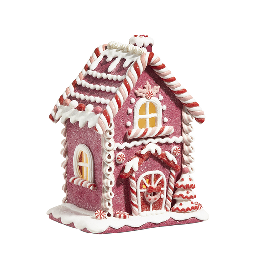 Viv! Christmas Kerstbeeld - Gingerbread Huis van Klei met Krans op de Deur incl. LED Verlichting - roze wit - 22cm