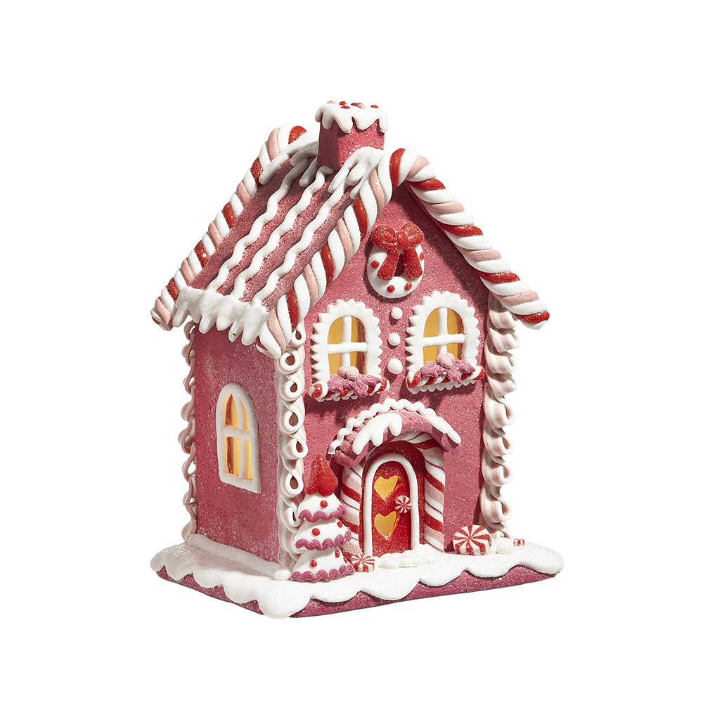 Viv! Christmas Kerstbeeld - Gingerbread Huis van Klei met Hartjesdeur incl. LED Verlichting - roze wit - 22cm