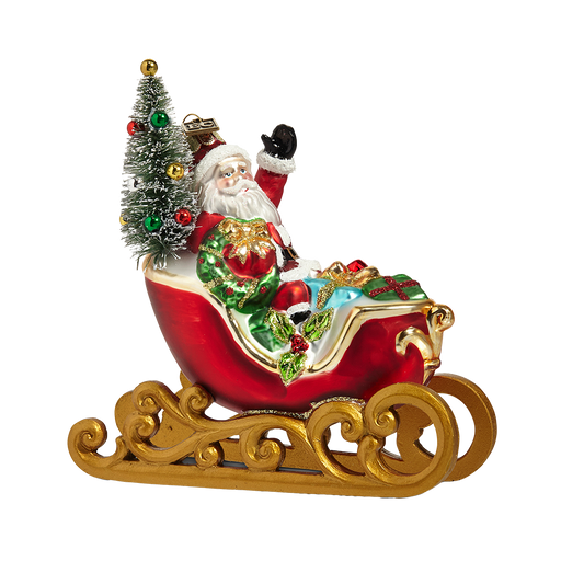 Viv ! Christmas Weihnachtsanhänger – Schlitten mit Weihnachtsmann & Geschenken – Glas – Rot – 13 cm