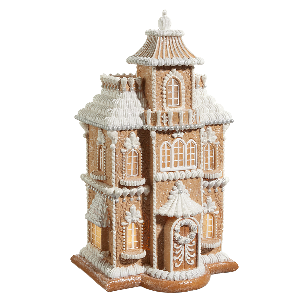 Viv! Christmas Tabletop Figure - XL Tall Victorian Gingerbread House incl. LED Lighting - brown white - 61cm