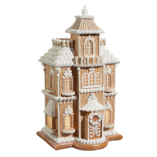 Viv! Christmas Kerstbeeld - XL Hoog Victoriaans Gingerbread Huis incl. LED Verlichting - bruin wit - 61cm