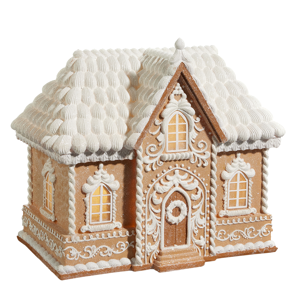 Viv! Christmas Kerstbeeld - XL Breed Victoriaans Gingerbread Huis incl. LED Verlichting - bruin wit - 45cm