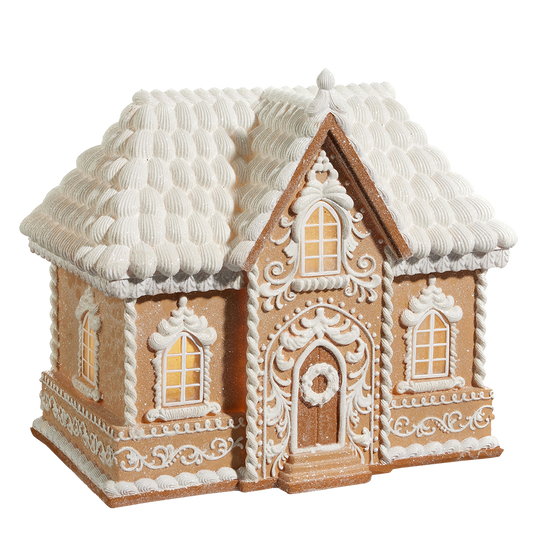 Viv! Christmas Kerstbeeld - XL Breed Victoriaans Gingerbread Huis incl. LED Verlichting - bruin wit - 45cm