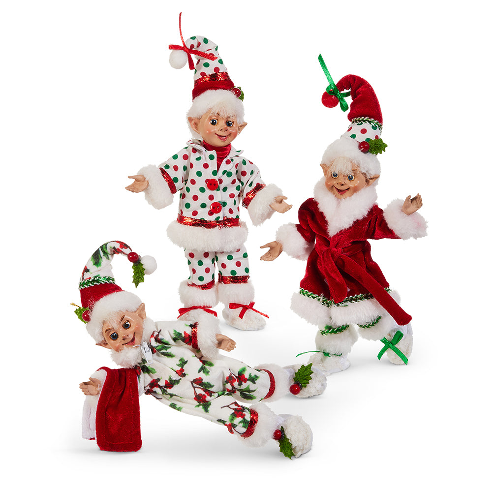 Viv! Christmas Kerstdecoratie - Buigbare Pyjama Elfjes - set van 3 - rood wit - 18cm