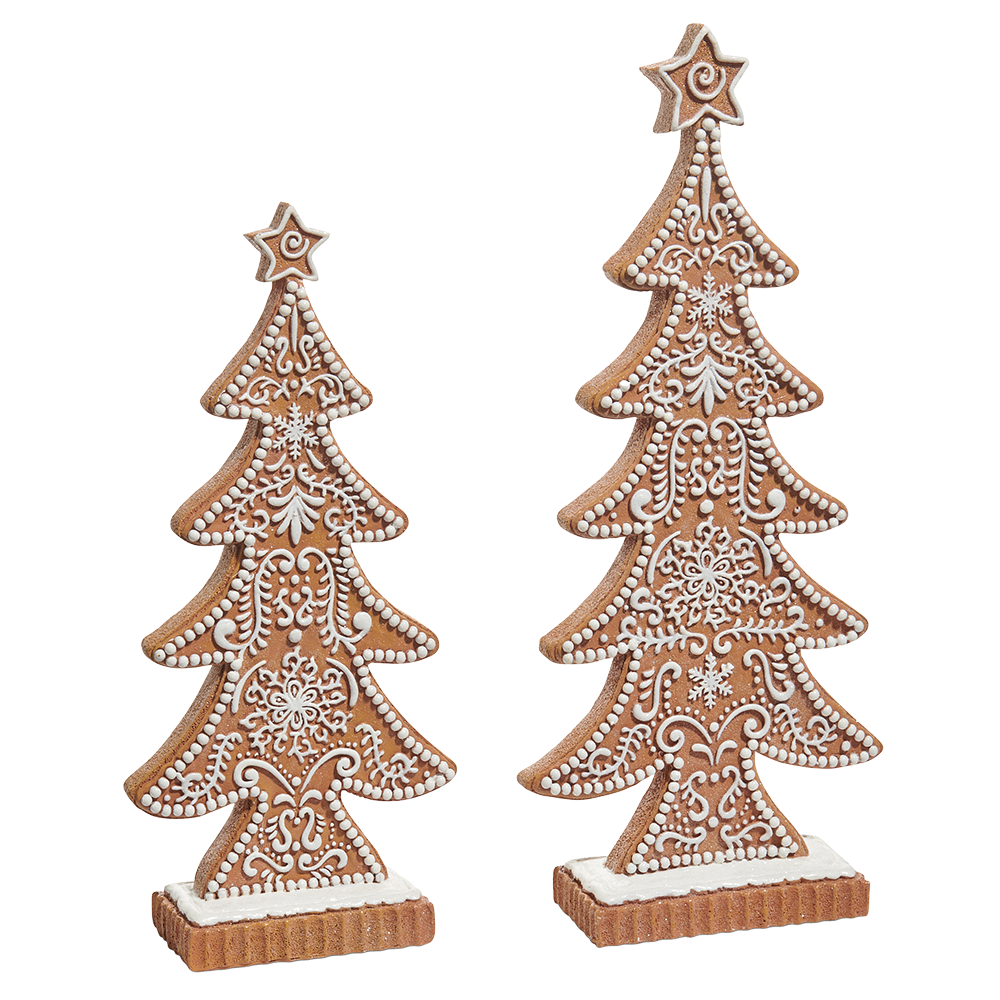 Viv! Christmas Tabletop Figure - Gingerbread Trees with Icing Details - Set of 2 - Brown White - 38 and 32cm