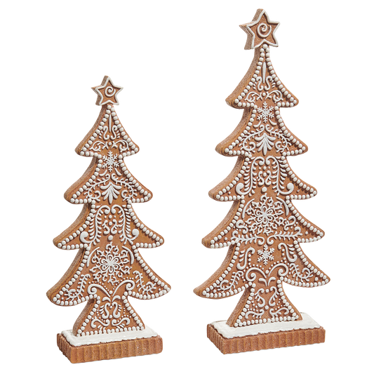 Viv! Christmas Kerstbeeld - Gingerbread Bomen met Icing Details - set van 2 - bruin wit - 38 en 32cm