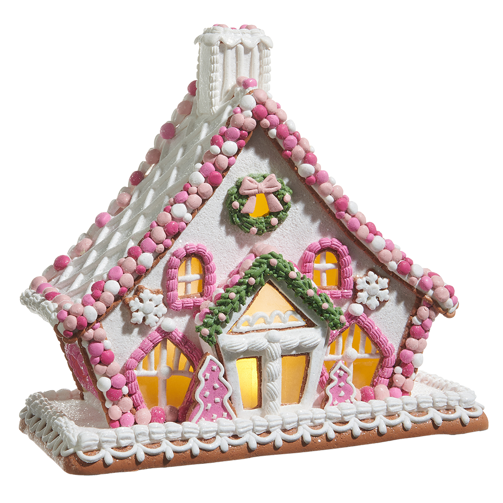 Viv! Christmas Kerstbeeld - Gingerbread Chalet Huis van Klei met Roze Snoepdecoratie incl. LED Verlichting - roze wit - 27cm