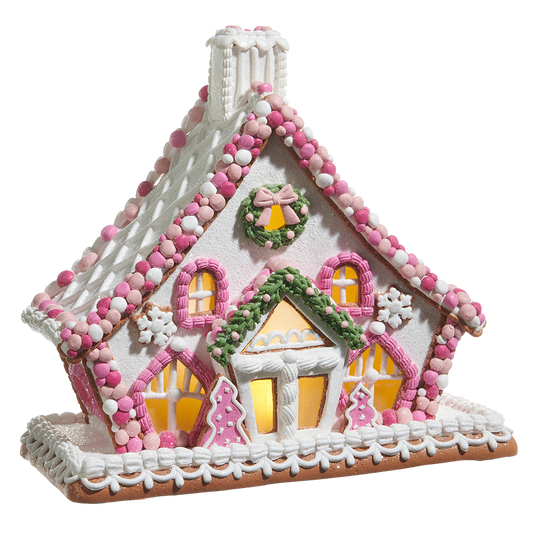 Viv! Christmas Kerstbeeld - Gingerbread Chalet Huis van Klei met Roze Snoepdecoratie incl. LED Verlichting - roze wit - 27cm