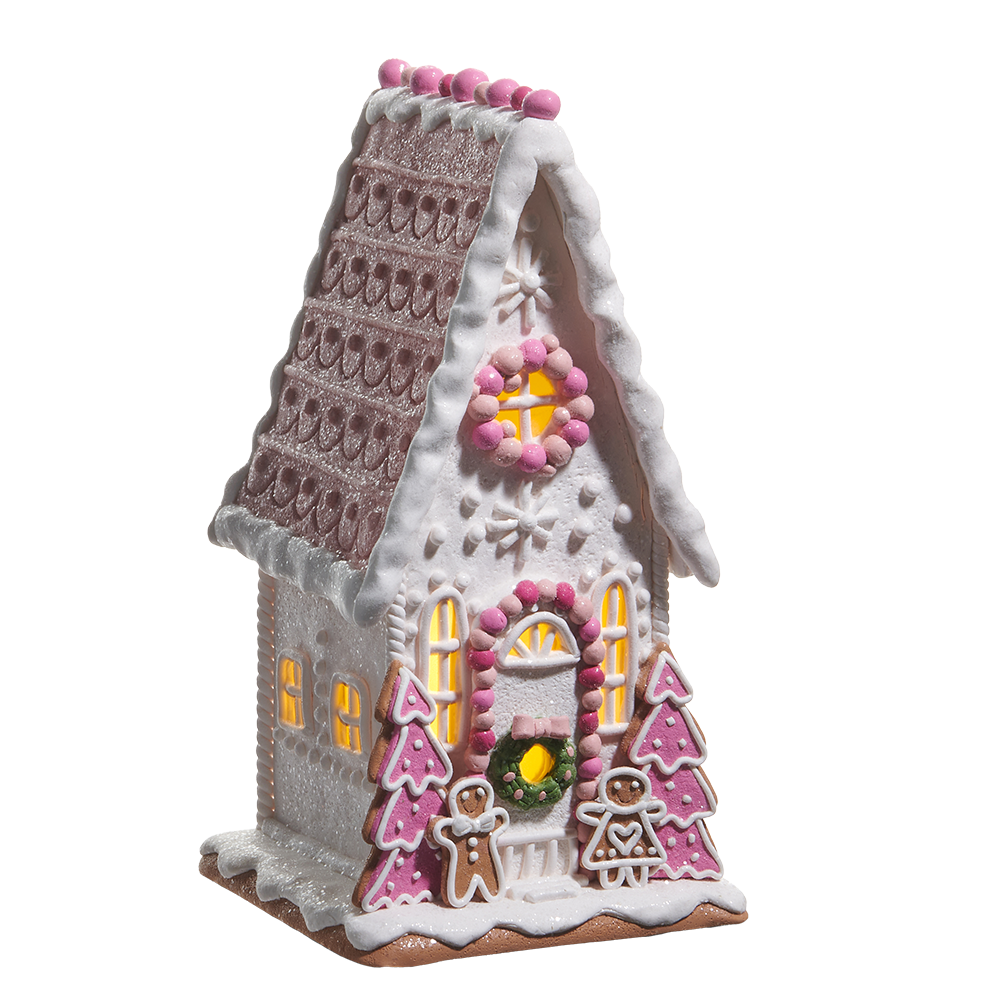 Viv! Christmas Kerstbeeld - Smal Gingerbread Huis van Klei met Roze Snoepdecoratie incl. LED Verlichting - roze wit - 30cm
