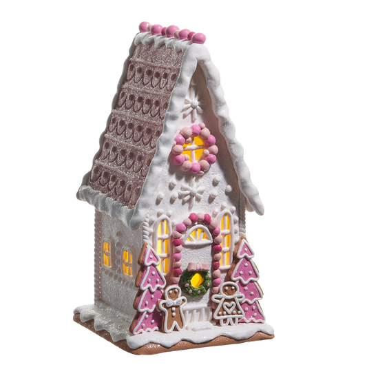 Viv! Christmas Kerstbeeld - Smal Gingerbread Huis van Klei met Roze Snoepdecoratie incl. LED Verlichting - roze wit - 30cm