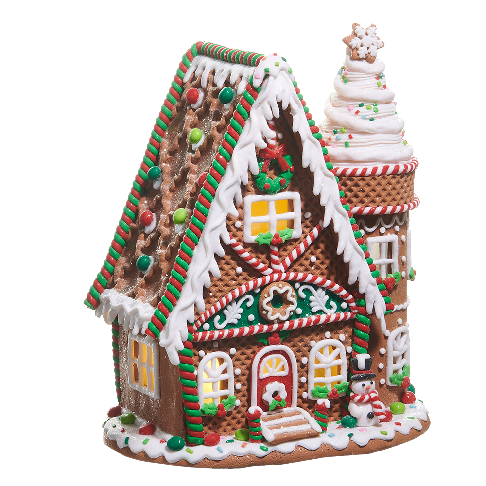 Viv! Christmas Kerstbeeld - Gingerbread Huis van Klei met IJstoren incl. LED Verlichting - bruin rood groen - 30cm