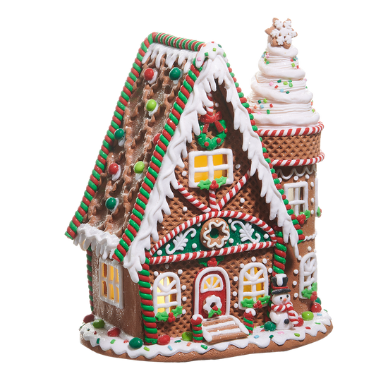 Viv! Christmas Kerstbeeld - Gingerbread Huis van Klei met IJstoren incl. LED Verlichting - bruin rood groen - 30cm