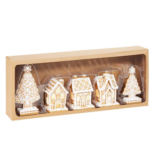 Viv! Christmas Kerstbeeld - Box met Kerstbomen & Gingerbread Huisjes incl. LED Verlichting - set van 5 - bruin wit - 20cm