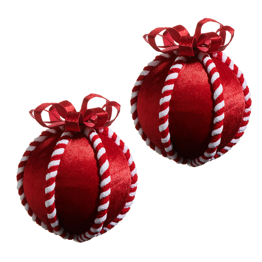 Viv! Christmas Kerstbal - Fluwelen Pepermunt Snoep Bal met Strik - set van 2 - rood wit - Ø12cm