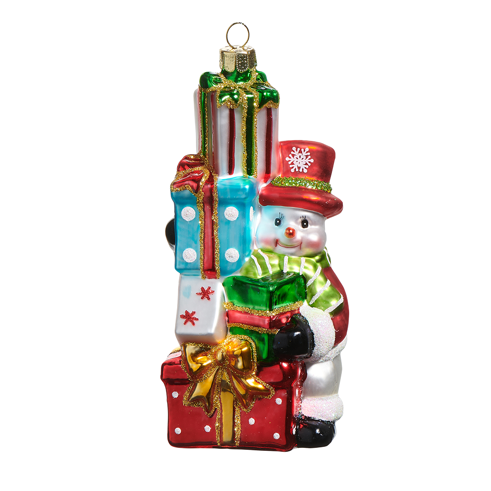 Viv! Christmas Ornament - Snowman with Gifts - Glass - Red - 14cm