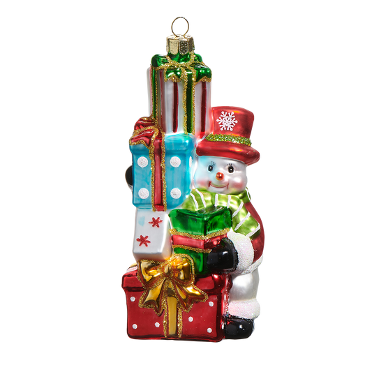 Viv! Christmas Ornament - Snowman with Gifts - Glass - Red - 14cm