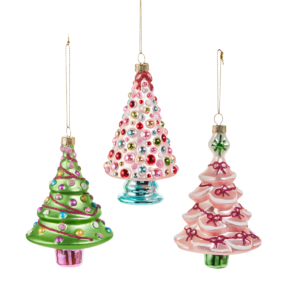 Viv! Christmas Kerstornament - Gedecoreerde Kerstbomen - set van 3 - glas - groen roze - 13cm