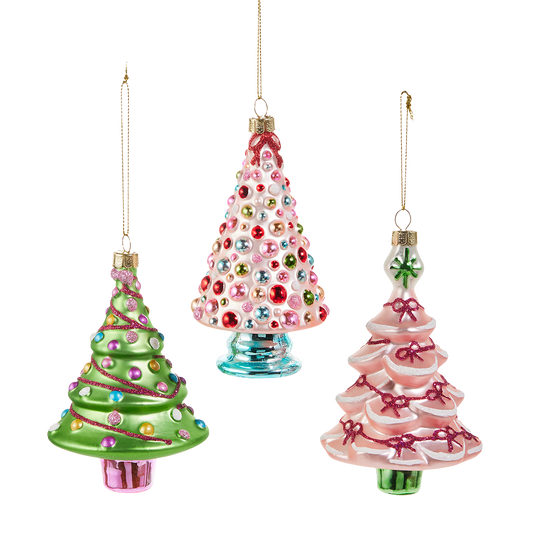 Viv! Christmas Kerstornament - Gedecoreerde Kerstbomen - set van 3 - glas - groen roze - 13cm
