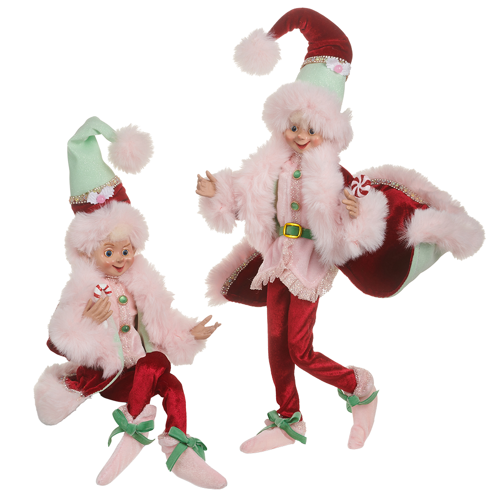 Viv! Christmas Kerstbeeld - Buigbare Kerst Elf met Snoep - set van 2 - rood roze - 41cm