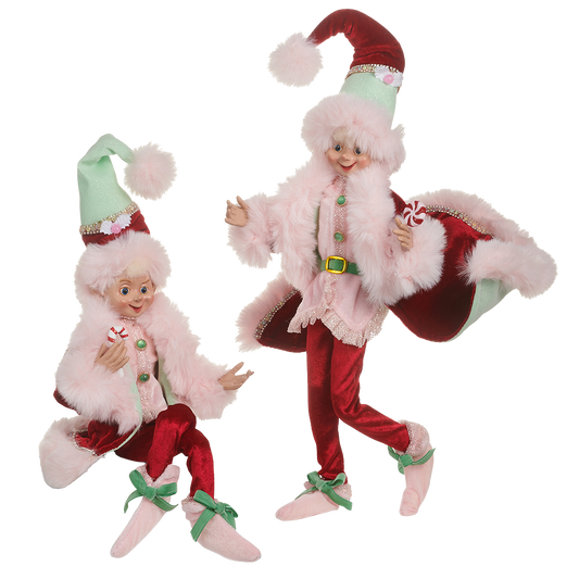 Viv! Christmas Kerstbeeld - Buigbare Kerst Elf met Snoep - set van 2 - rood roze - 41cm