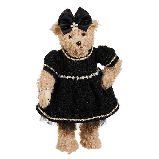 Viv! Christmas Kerstbeeld - Ms. Teddy Beer in Tweed Jurk - zwart bruin - 41cm