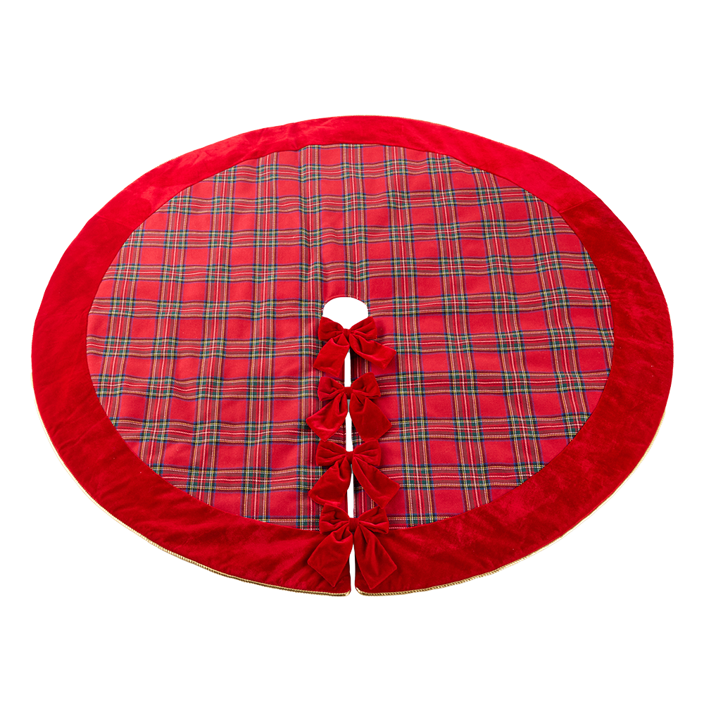 Viv! Christmas Luxury Tree Skirt - Classic Tartan w/ Velvet Bows - Red - Ø154 cm