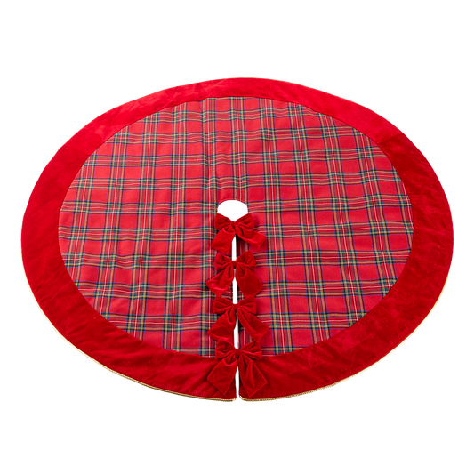 Viv! Christmas Luxe Kerstboomrok - Klassieke Tartan Ruit met Fluwelen Strikken - rood - Ø154cm