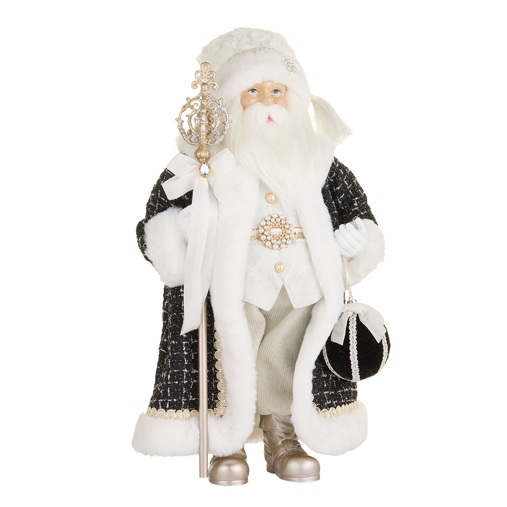 Viv! Christmas Tabletop Figure - Tweed Santa Doll w/ Jewels - Black White - 51 cm