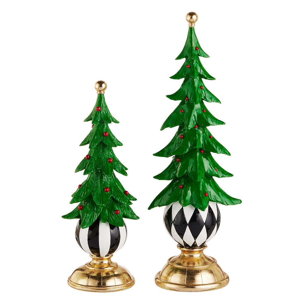 Viv! Christmas Tabletop Figure - Trees on Bauble Bases - Set of 2 - Green Black White - 43 & 33 cm