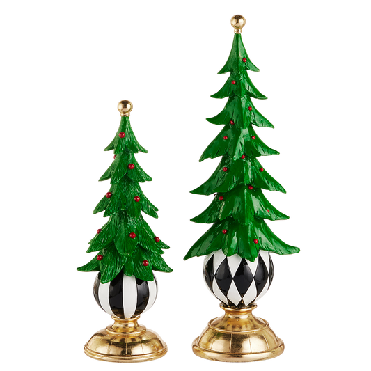 Viv! Christmas Kerstbeeld - Kerstboom op Kerstbal Voet - set van 2 - groen zwart wit - 43 en 33cm
