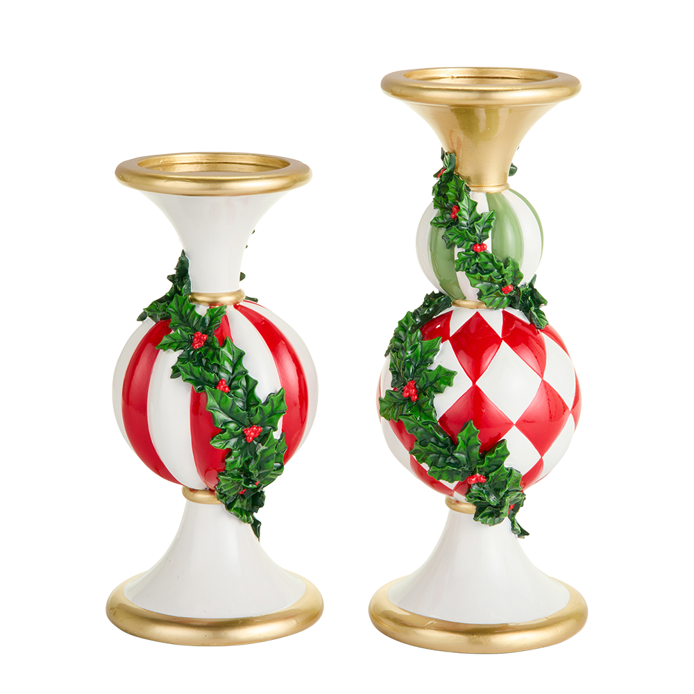 Viv! Christmas Kerst Tafeldecoratie - Hulst & Kerstbal Kandelaar - set van 2 - rood wit groen - 30cm