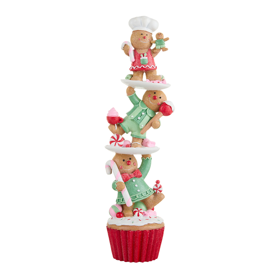 Viv! Christmas Kerstbeeld - Cupcake met Gingerbread Mannetjes - rood roze - 40cm