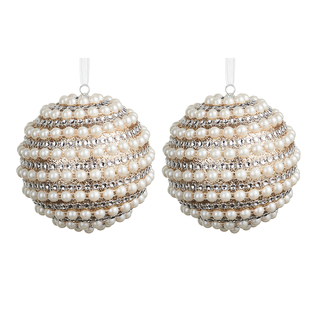 Viv! Christmas Bauble - Pearls & Rhinestones - Set of 2 - White - 10 cm