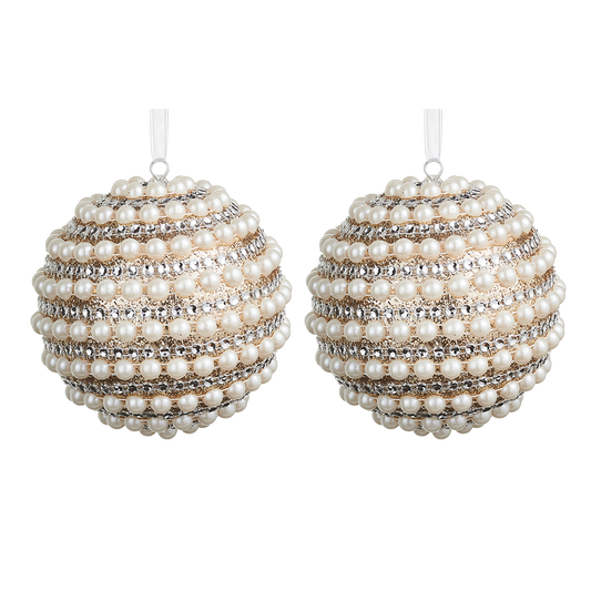 Viv! Christmas Bauble - Pearls & Rhinestones - Set of 2 - White - 10 cm