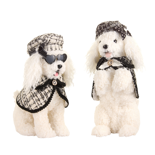 Viv! Christmas Kerstbeeld - Mini Poedel Hond - set van 2 - zwart wit - 36cm