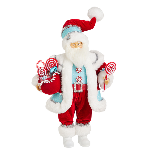 Viv! Christmas Kerstbeeld - Pepermunt Snoep Kerstman Pop - blauw rood - 46cm