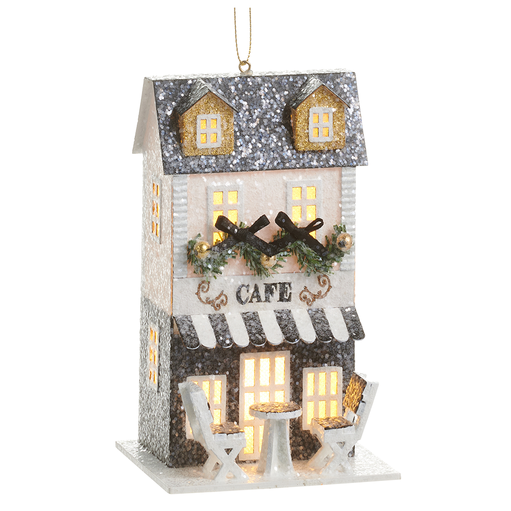 Viv! Christmas Weihnachtsanhänger - Weihnachtscafé-Häuschen mit LED-Beleuchtung - Gold Schwarz - 14 cm