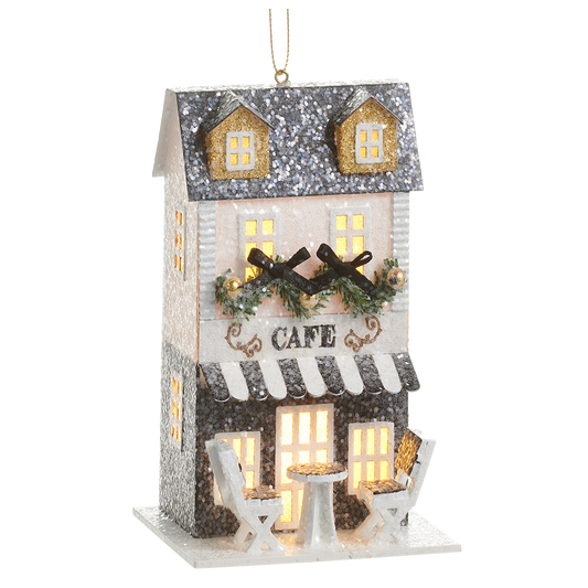 Viv! Christmas Weihnachtsanhänger - Weihnachtscafé-Häuschen mit LED-Beleuchtung - Gold Schwarz - 14 cm