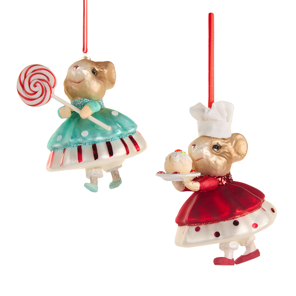 Viv! Christmas Weihnachtsanhänger - Maus mit Süßigkeiten - 2er-Set - Glas - Rot Blau - 11 cm