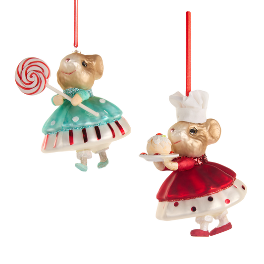 Viv! Christmas Weihnachtsanhänger - Maus mit Süßigkeiten - 2er-Set - Glas - Rot Blau - 11 cm